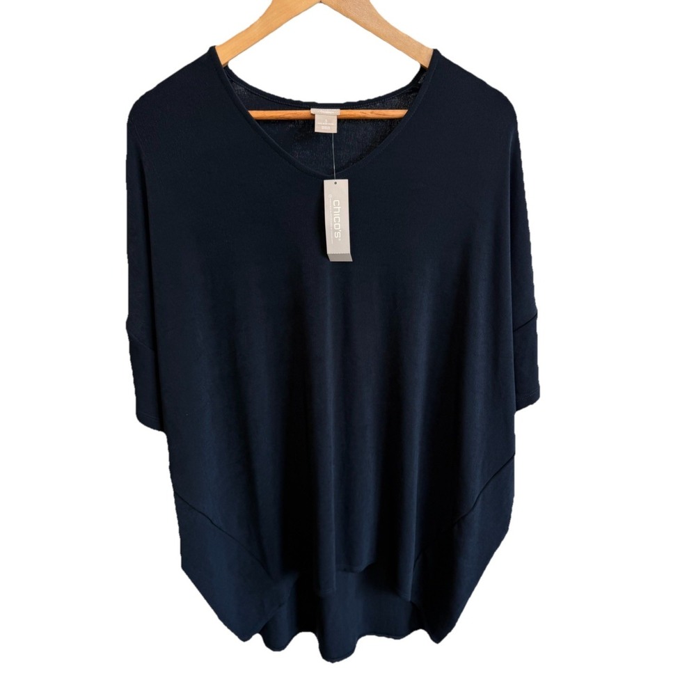 Chico's Travelers Women's India Ink Blue Acetate Drama Top Size 3 NWT